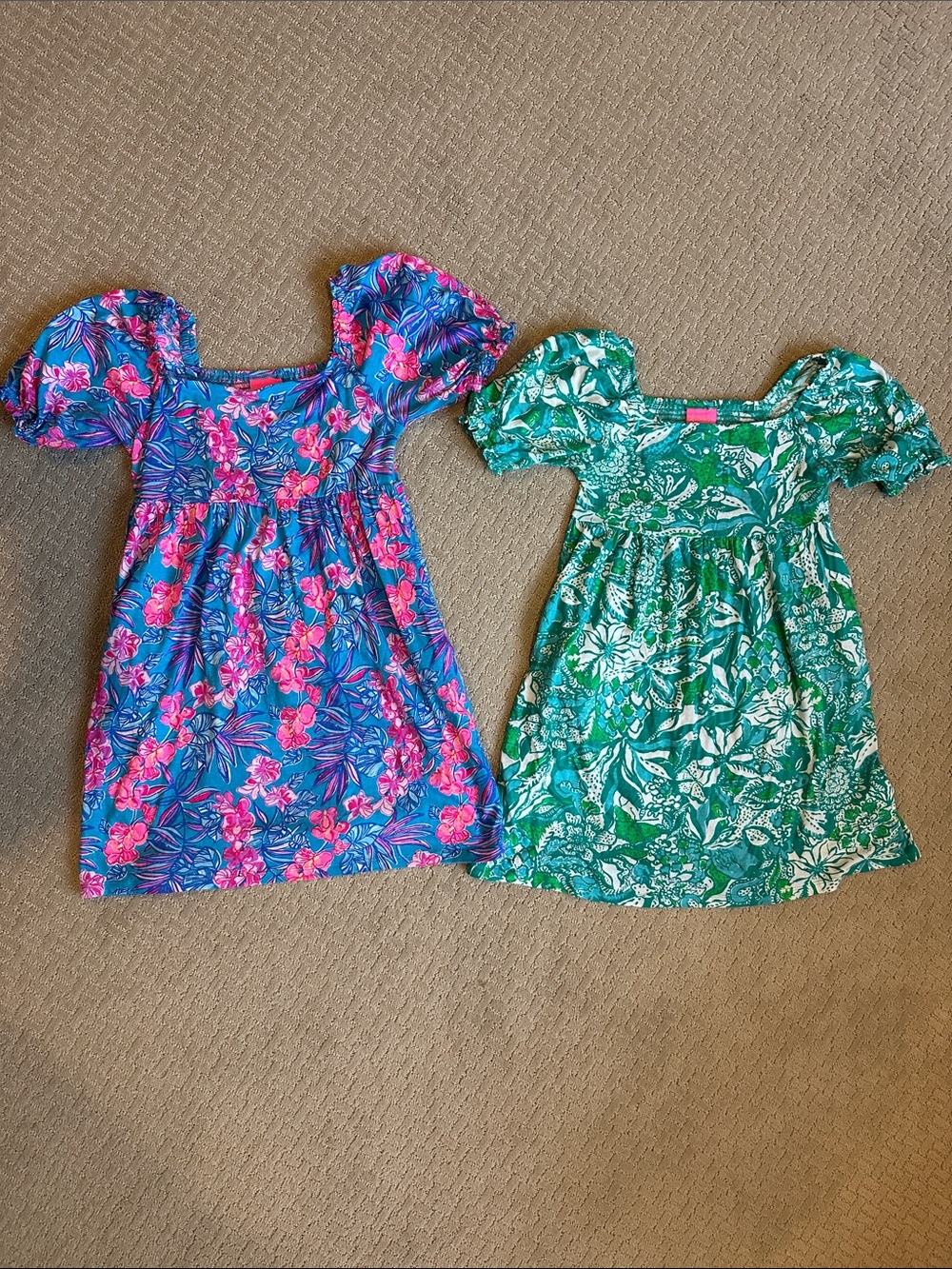 Lilly Pulitzer Girls' Floral Puff-Sleeve Dresses in Blue-Pink and Green